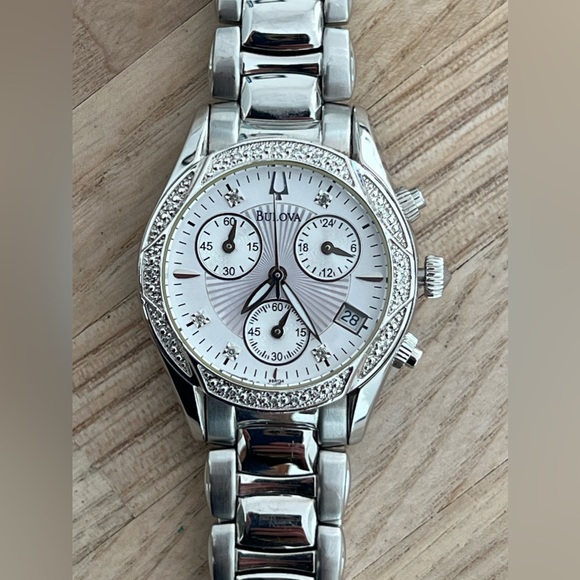 Bulova Ladies Watch Diamonds Chronograph White Dial Stainless Bracelet
